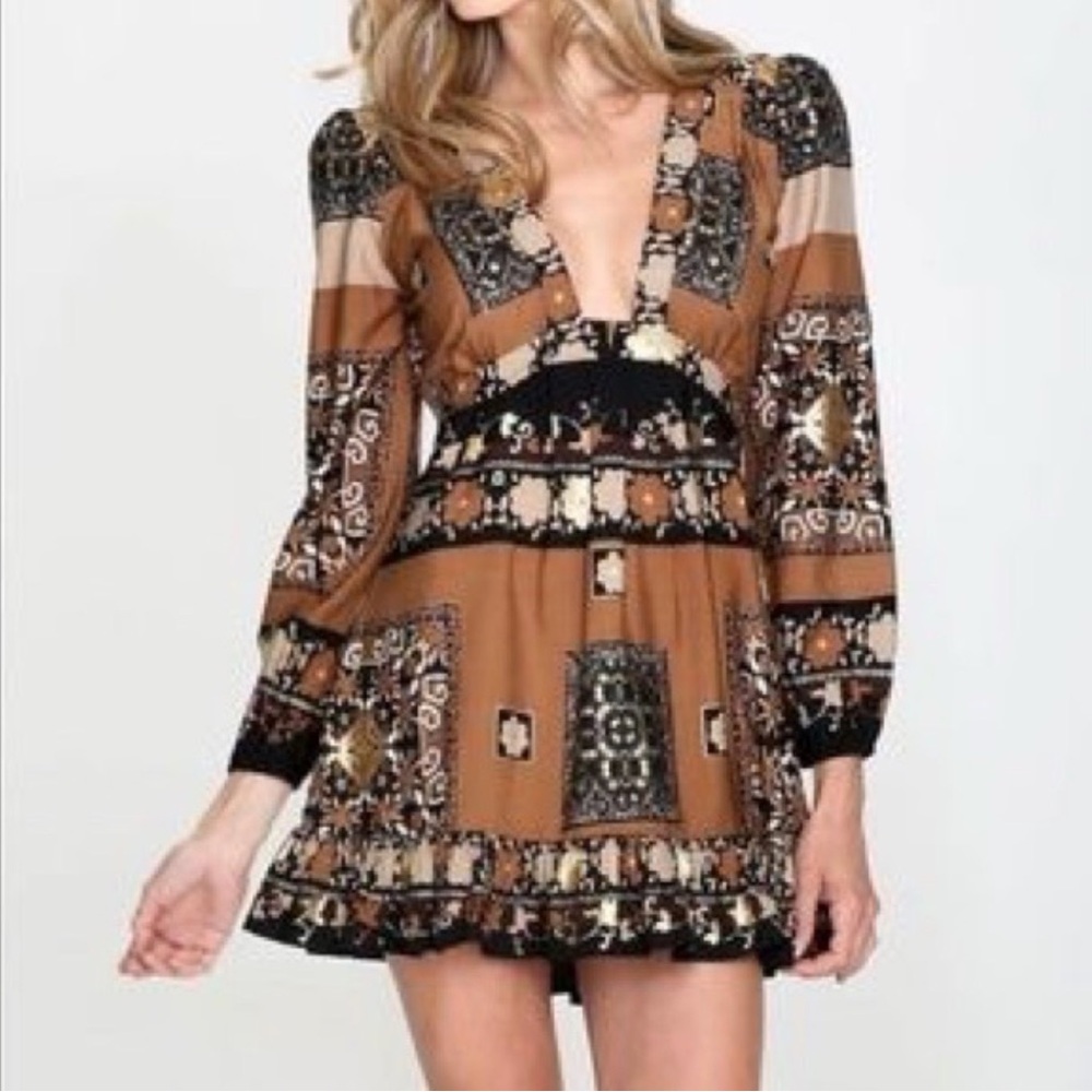 RAGA Brown and Black Boho Metallic / floral Printed Deep V‑Neck Mini Dress